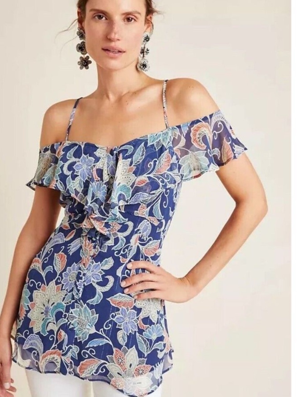 MAEVE by ANTHROPOLOGIE Floral Cold-Shoulder Chiffon Top | Size XS